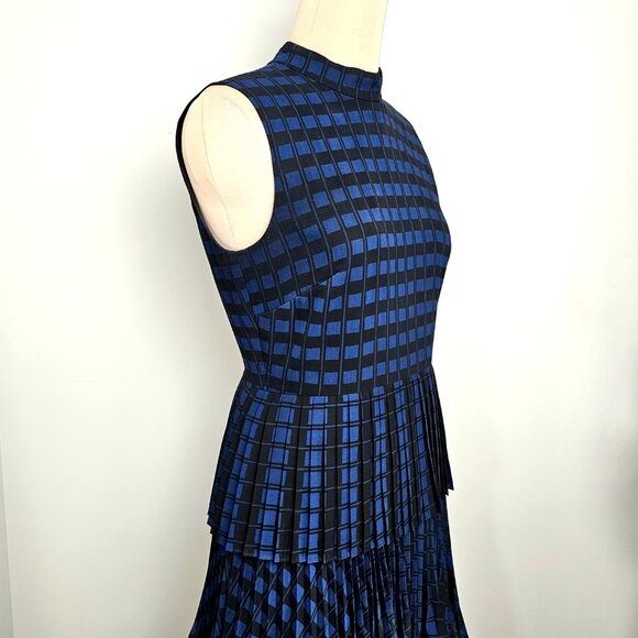 Club Monaco Pleated Tiered Midi Dress Blue Black Check Size 2 - Picture 9 of 10